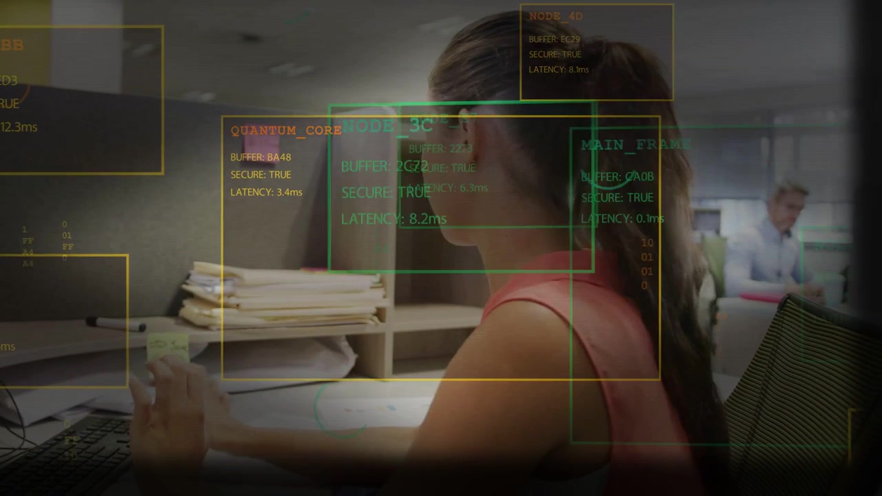 Businesswoman typing keyboard HUD boxes tracking nodes reaching and checking note leaving cubicle