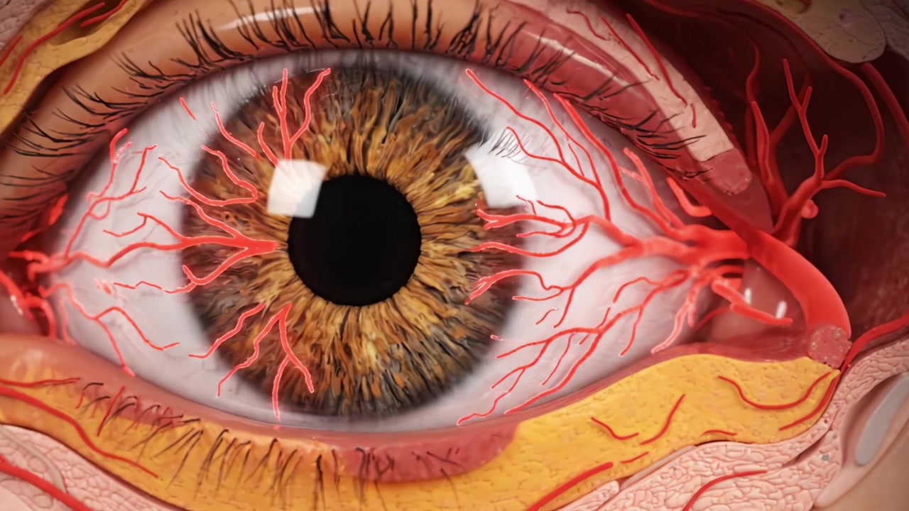 Un'esplorazione dettagliata delle strutture anatomiche dell'occhio umano che evidenzia i motivi unici dell'iride e le reti vascolari visibili in primi piani.
