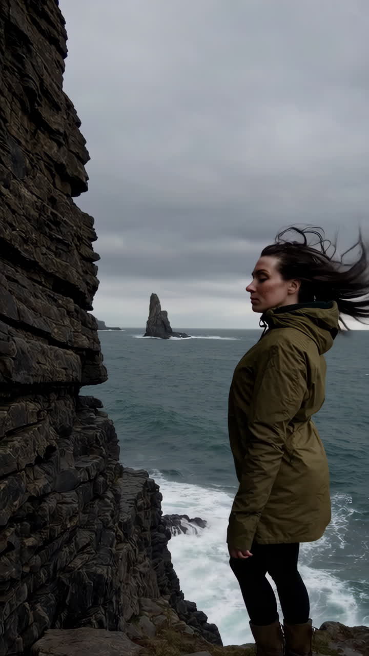 Woman on a rugged cliff overlooking a stormy sea with a prominent rock formation