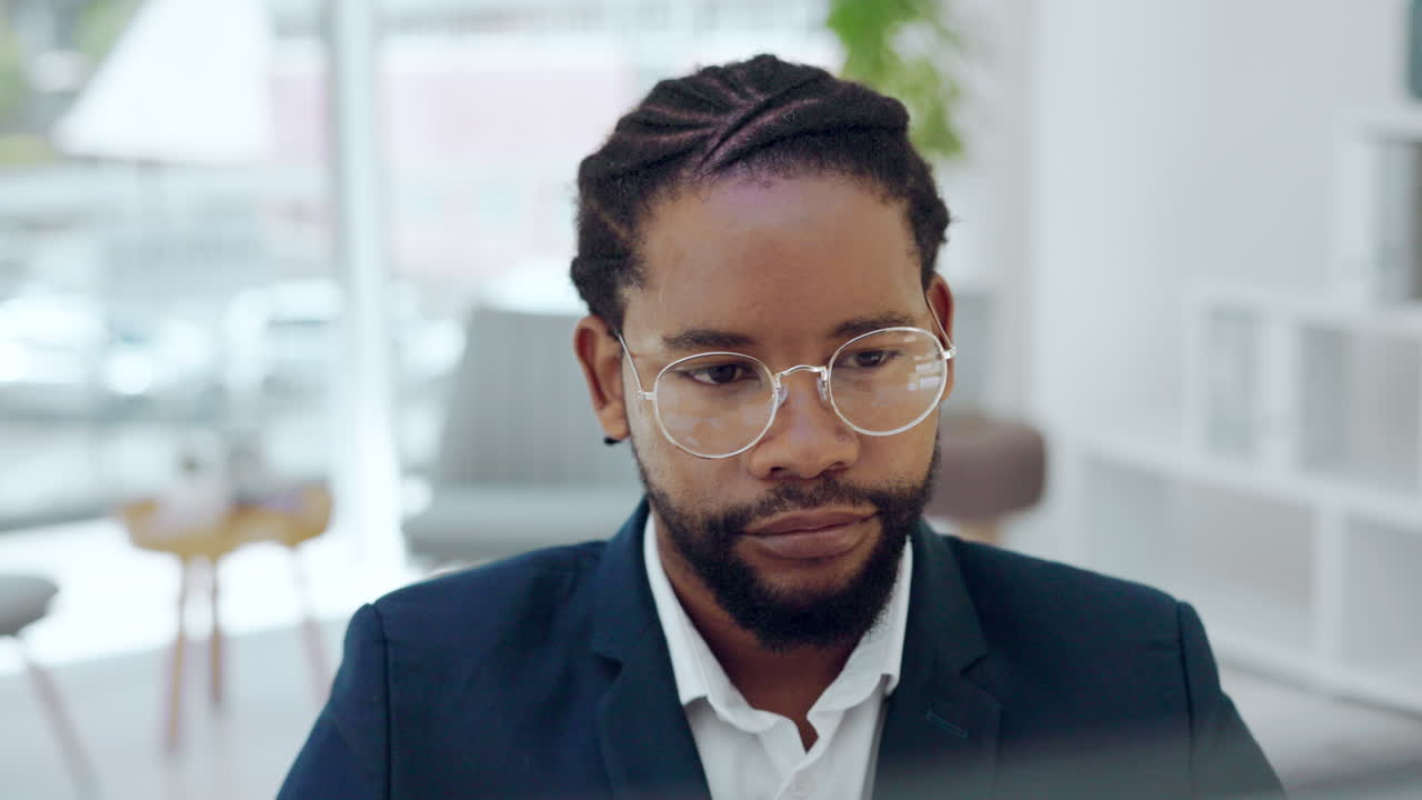 Computer, research and business black man