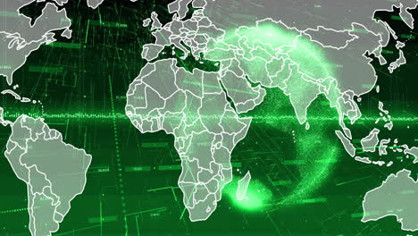 animación de procesamiento de datos digitales y mapa del mundo en fondo verde