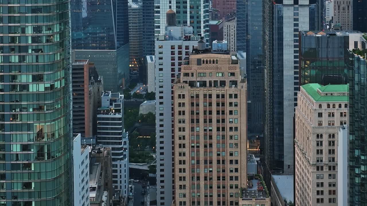 Drone captures aerial view of New York City skyline showcasing buildings