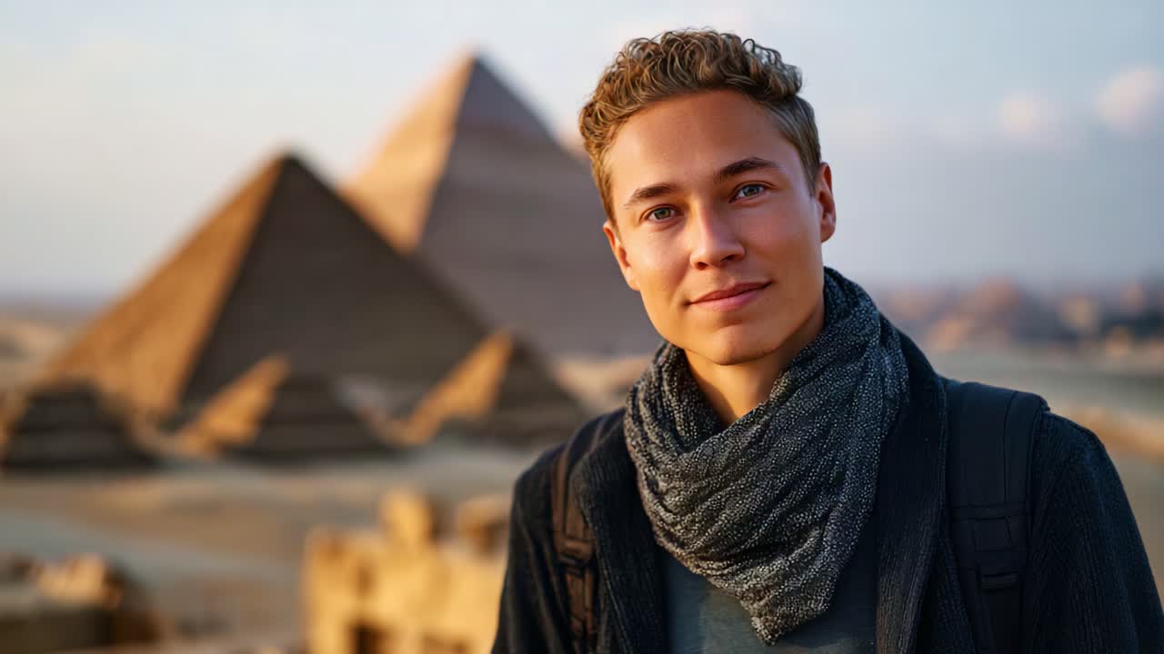 Captivating Portrait against the Majestic Pyramids of Giza, Showcasing a Young Traveler's Journey and Exploration in the Ancient Wonders of Egypt