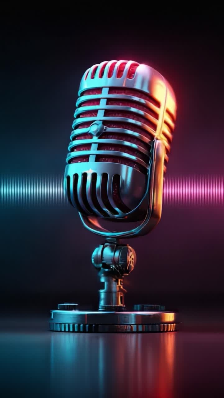 Uno splendido primo piano di un microfono retrò su uno sfondo vibrante e colorato di onde sonore, che cattura perfettamente l'essenza della musica e della produzione audio.