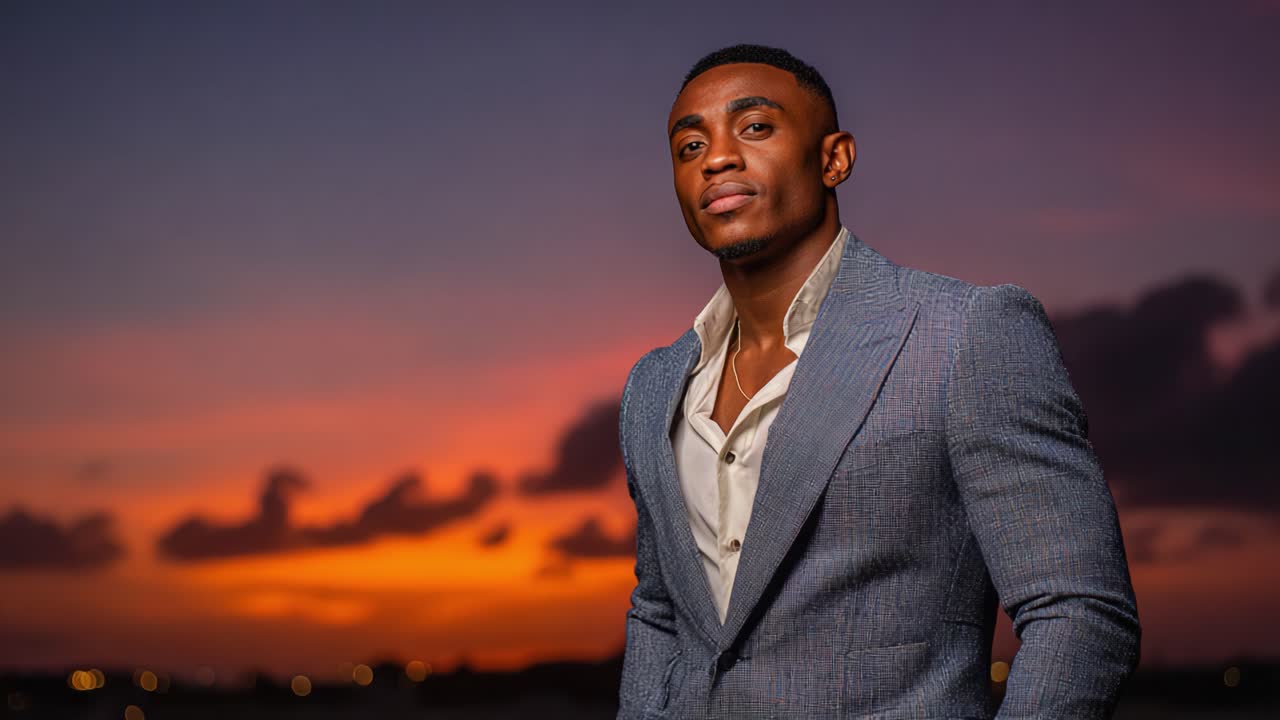 A Confident Individual Posing Against a Stunning Sunset: A Portrait Highlighting Style and Charisma During Golden Hour