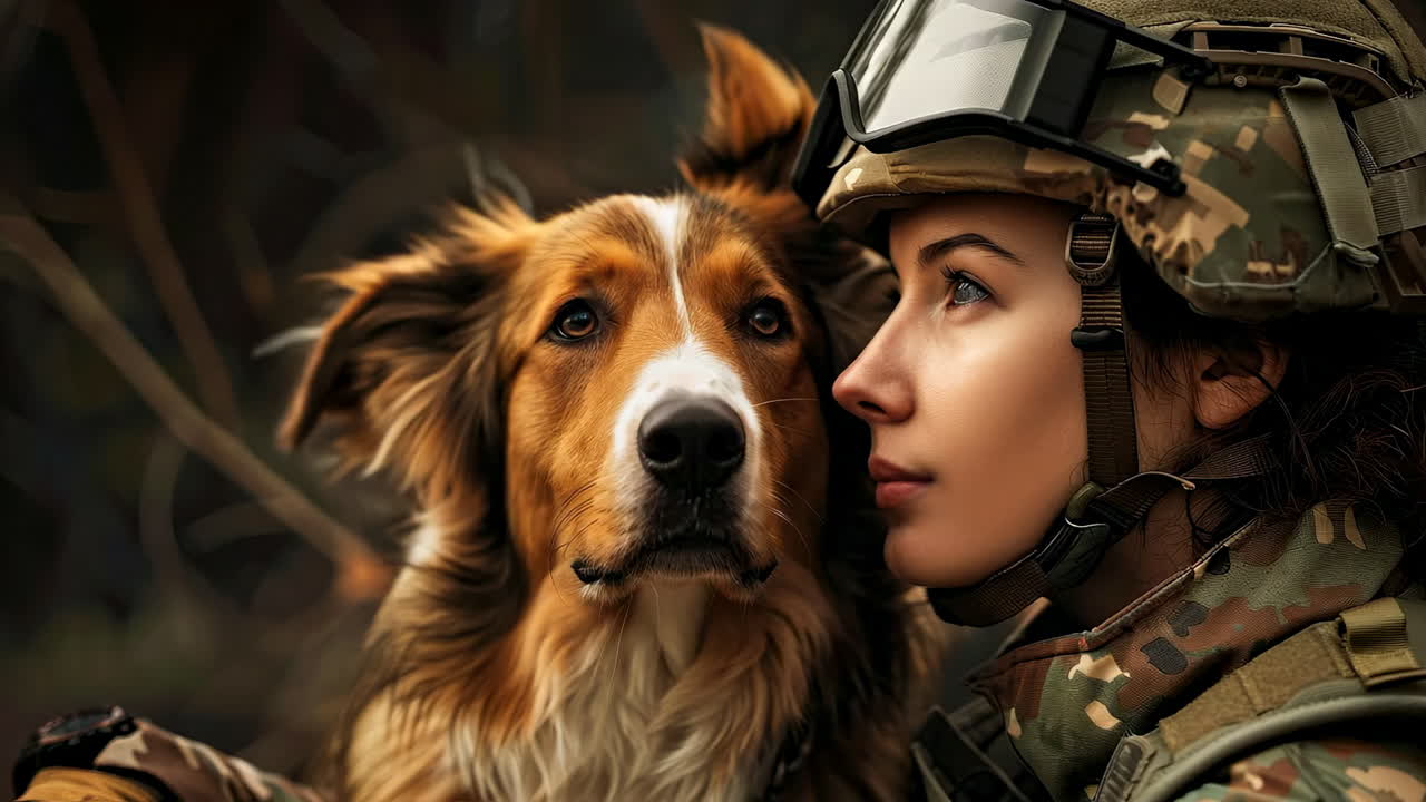 Soldier gently interacts with loyal dog. A soldier in military gear calmly engages with a friendly dog in a wooded area during the afternoon