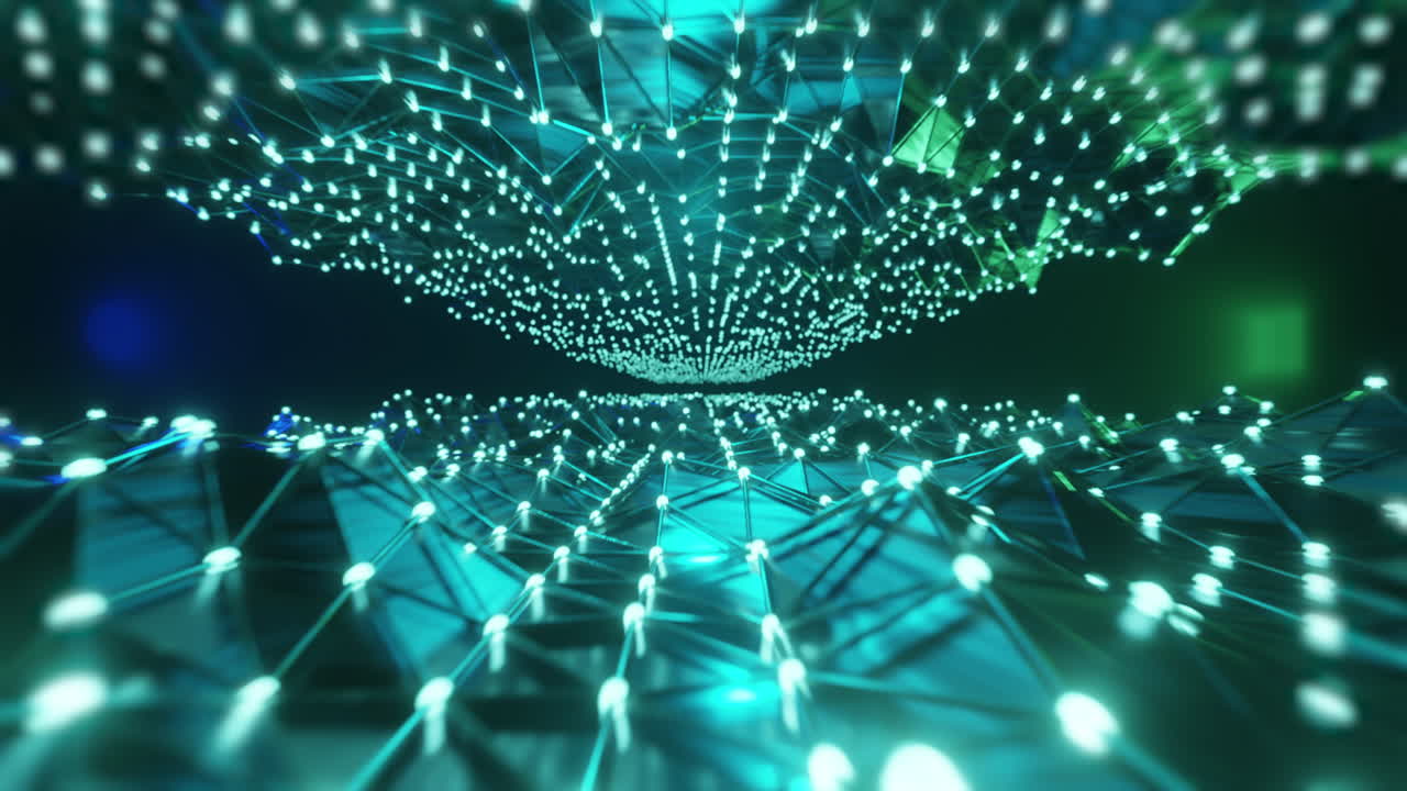 Animation of glowing green and blue mesh of light trails moving on black background