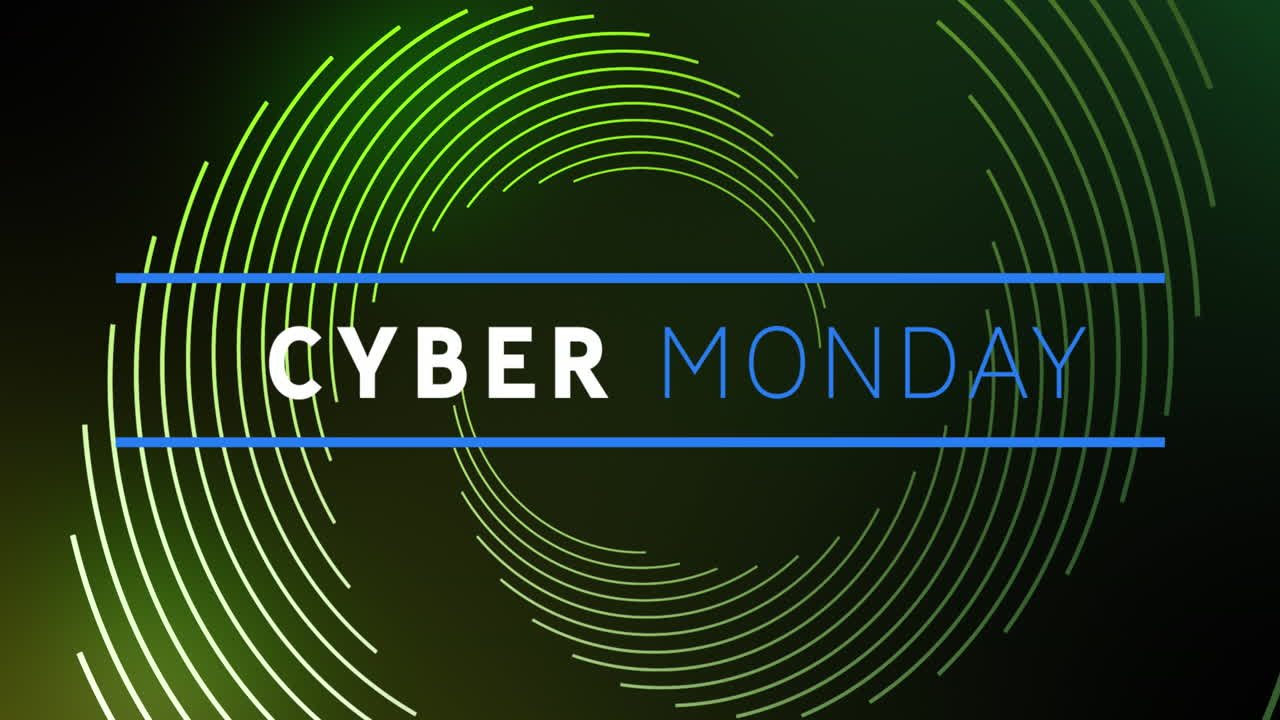 Animation of cyber monday text banner over spinning light trails against green background