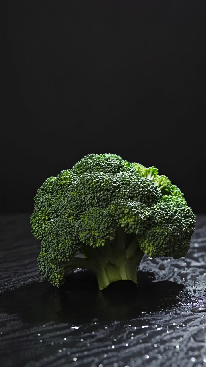 Fresh broccoli being sprinkled with water against a black background creates a vibrant and refreshing image, highlighting its healthy and natural qualities for a nutritious diet