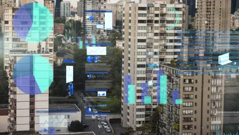 animación de gráficos, tablero de negociación y círculos de carga sobre edificios modernos en el fondo