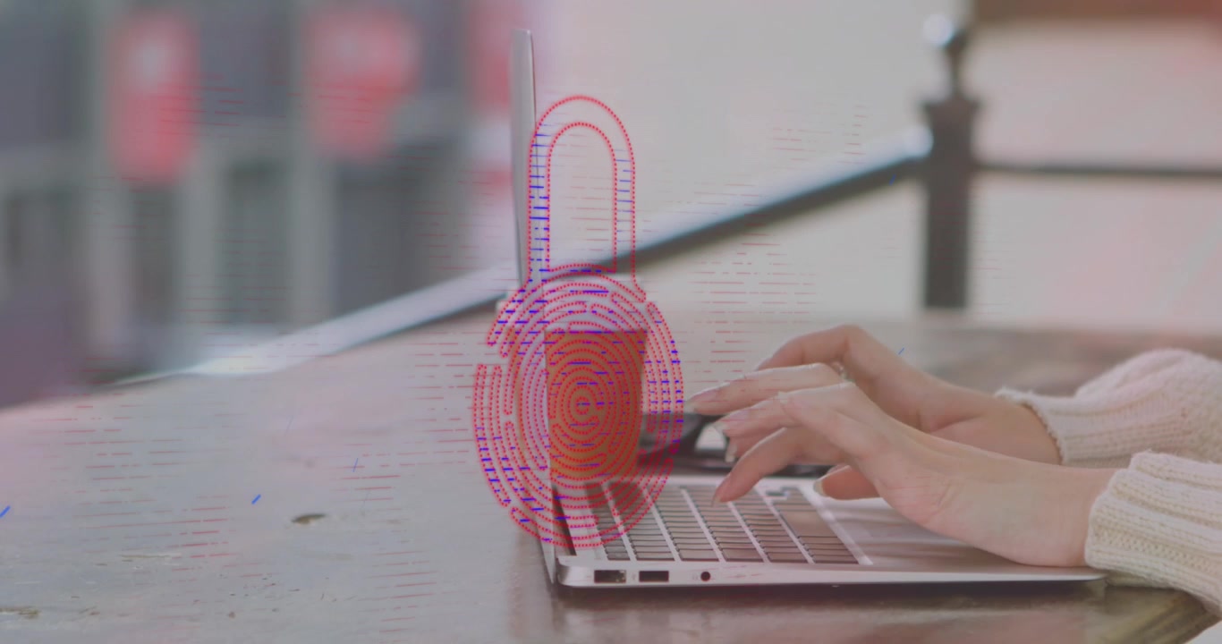 Animation of online security padlock over woman using laptop