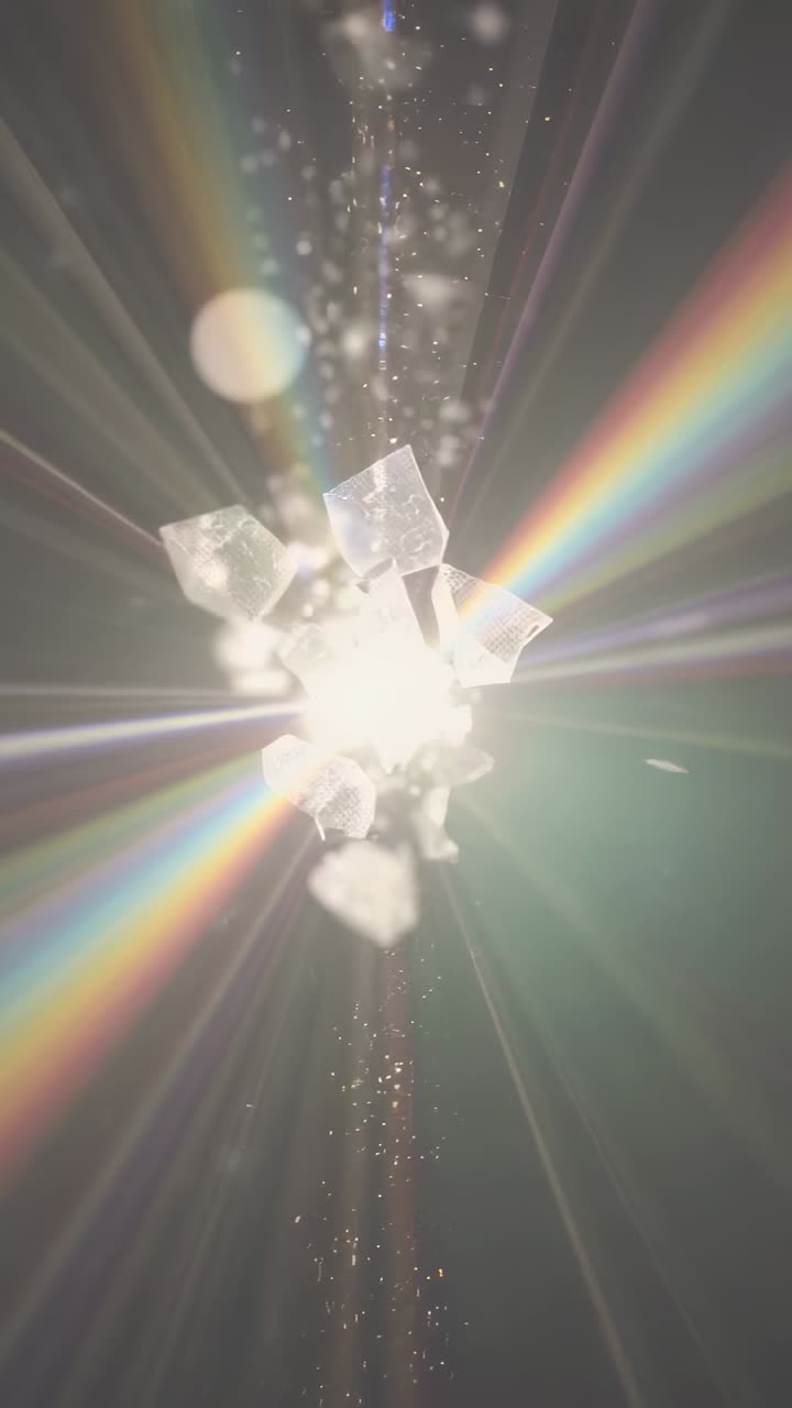 Vertical video: Bursting light initiating crystals rotating, scattering in void, with rainbow beams