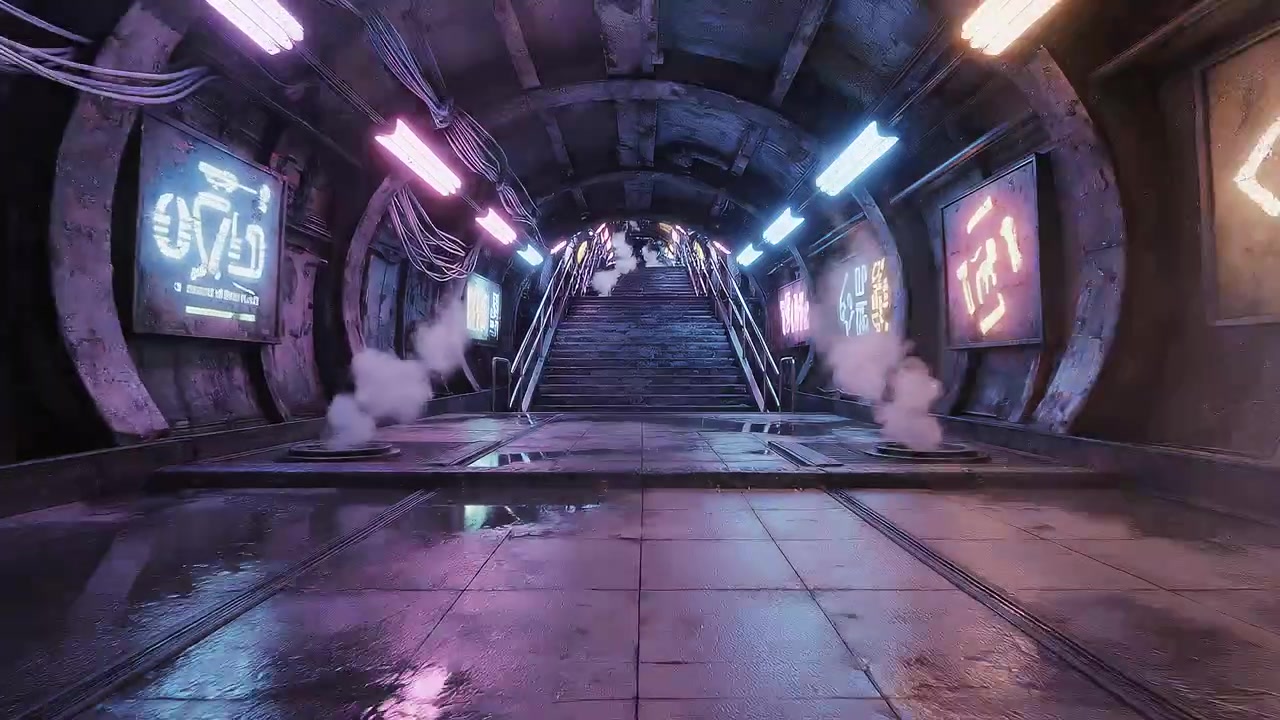 Futuristic Cyber Underground Tunnel with Glowing Neon Signs and Steam