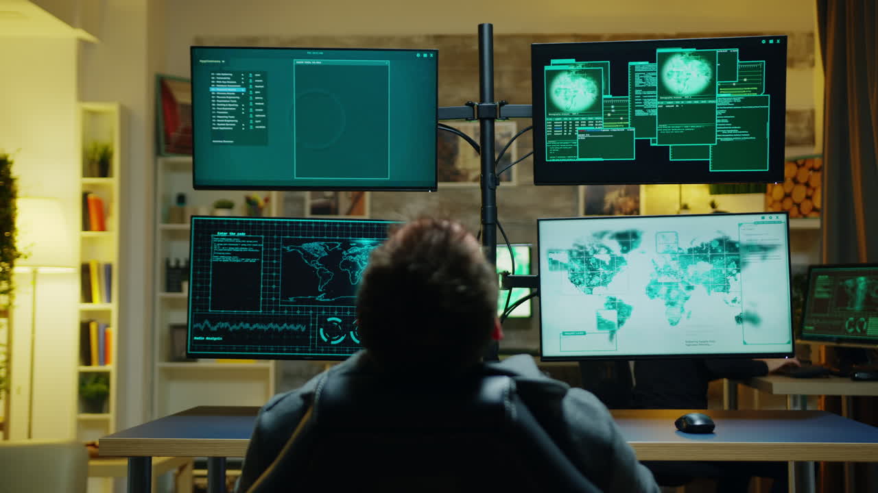 Hacker laying back on his chair while using powerfull computer