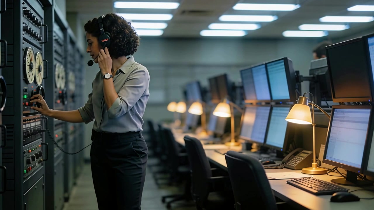 Placing headset mic, woman with rolled-sleeves tuning rack, monitoring in ops room, copy space
