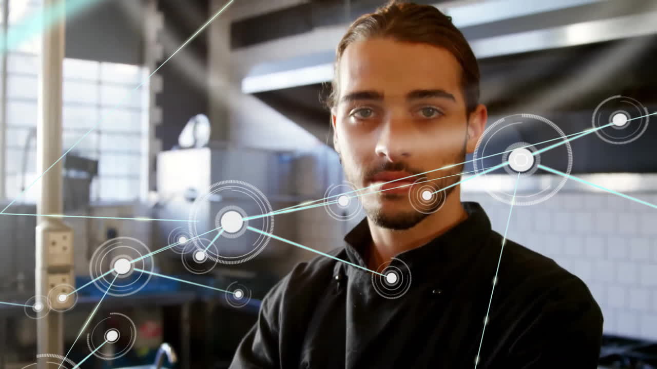 animación de la red de conexiones sobre el chef caucásico con los brazos cruzados