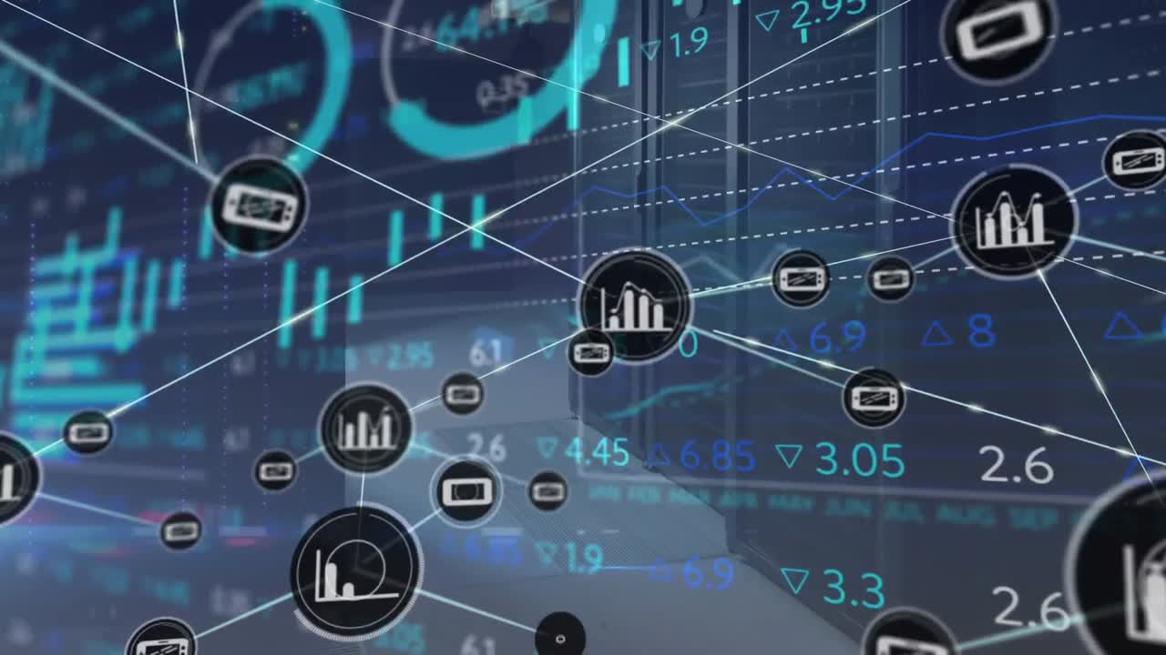 animación de la red de conexiones y procesamiento de datos sobre la sala de servidores