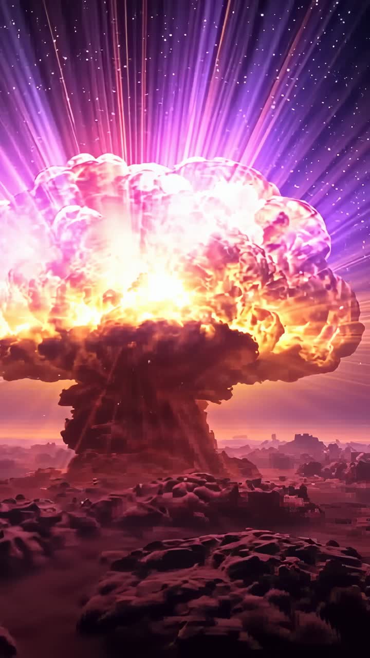 Vertical video: Flashing ground emitting mushroom cloud twisting upward over rocky plain with rays
