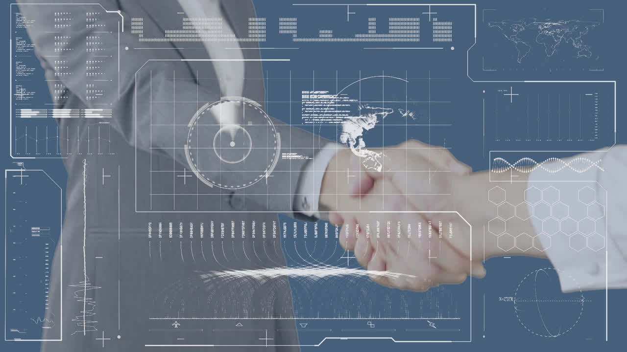 카우카스계 사업가들이 손을 흔들고 있는 금융 데이터 처리 애니메이션