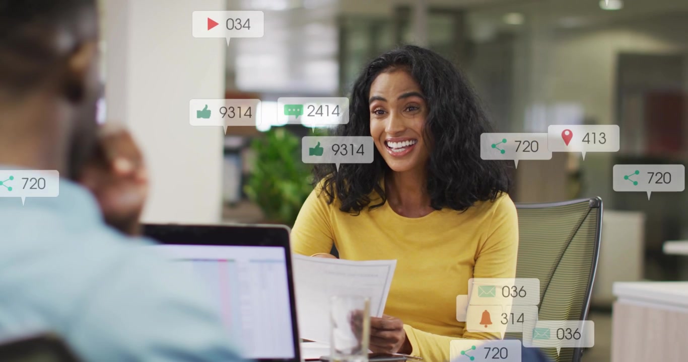 Woman holding docs tracking engagement reacting talking as laptop alerts flooding with social icons