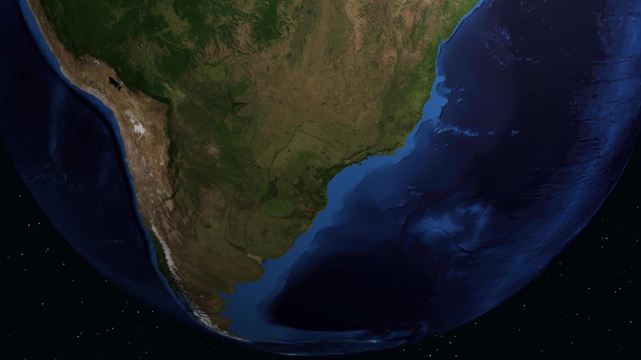 Digital animation zooms from space into Curitiba Brazil with text labels and location marker