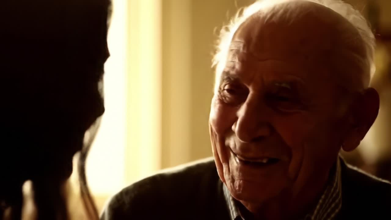 Un momento commovente tra generazioni, che cattura la gioia e il legame condiviso da un uomo anziano e una giovane donna in una stanza con illuminazione soffusa