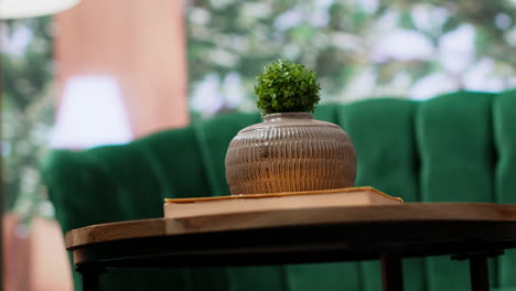 elegante área de salón vacía con elegantes muebles verdes y mesa de madera