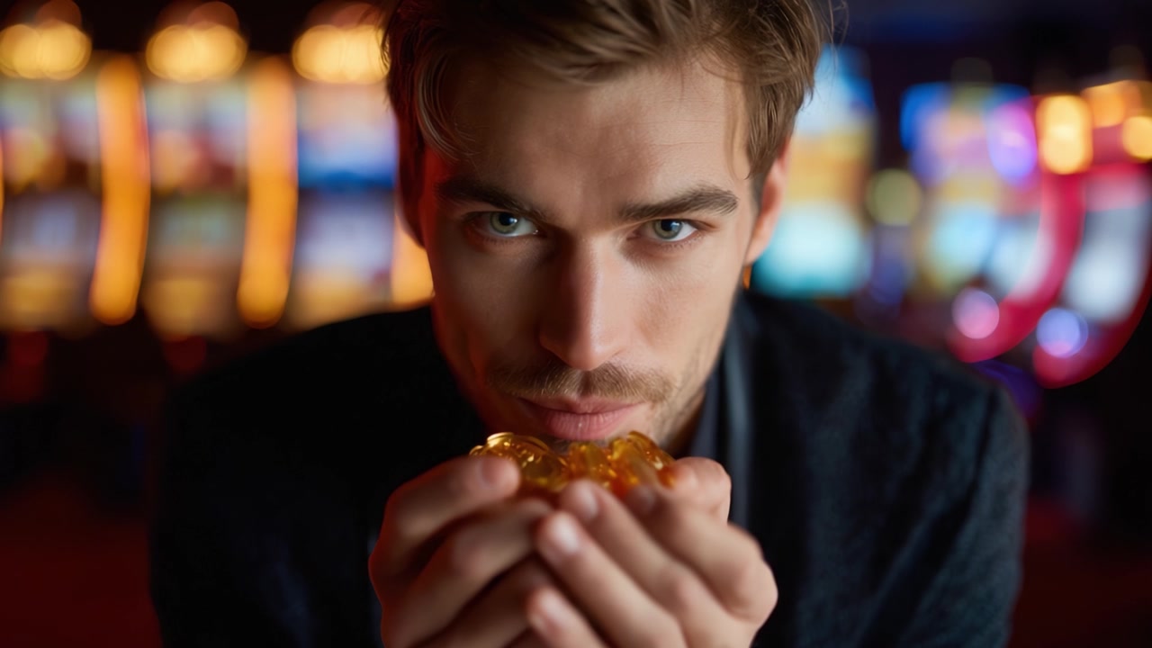 Un giovane concentrato che tiene fiches scintillanti in un casinò, circondato da slot machine colorate e illuminazione glamour, catturando l'emozione dell'entusiasmo per il gioco