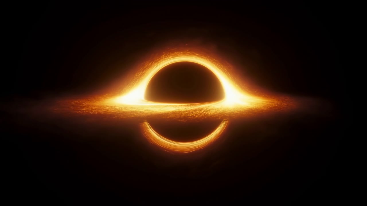 Bright orange and gold light shimmers around the dark center, forming a horizontal glowing disk, curved upper halo, and lower arc while subtle texture shifts across the nearly black field.