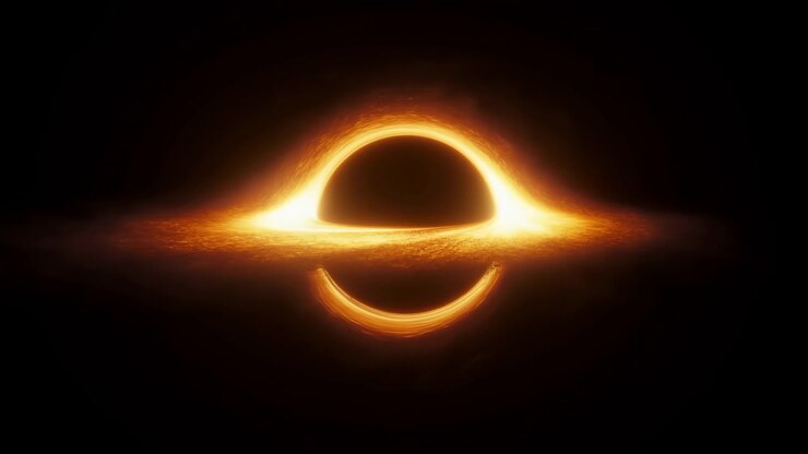 Bright orange and gold light shimmers around the dark center, forming a horizontal glowing disk, curved upper halo, and lower arc while subtle texture shifts across the nearly black field.