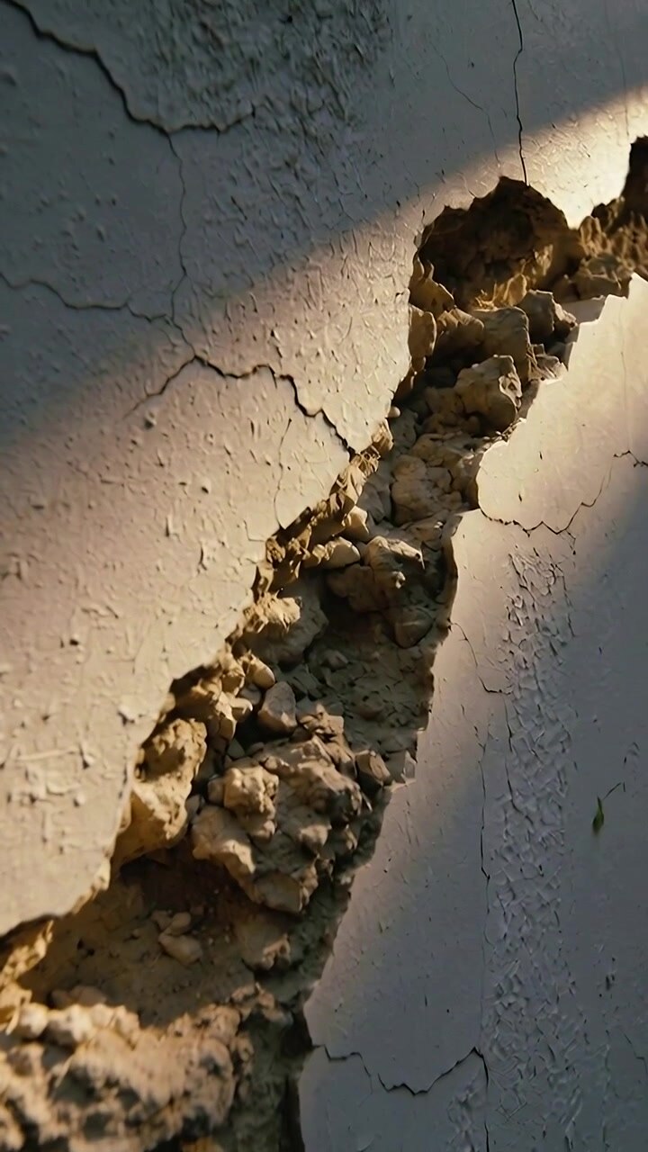 Vertical video: Camera panning along plaster crack at home, documenting mortar and flaking paint