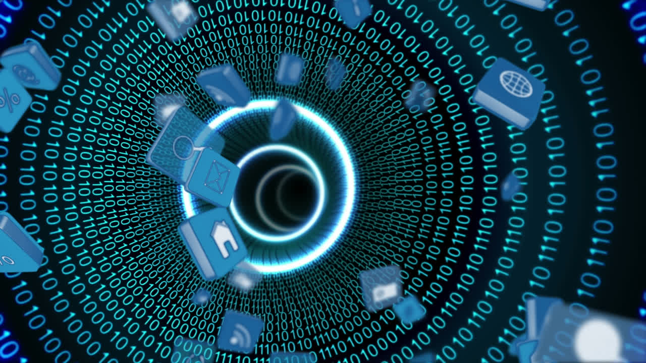 Internet icons dropping in a tunnel