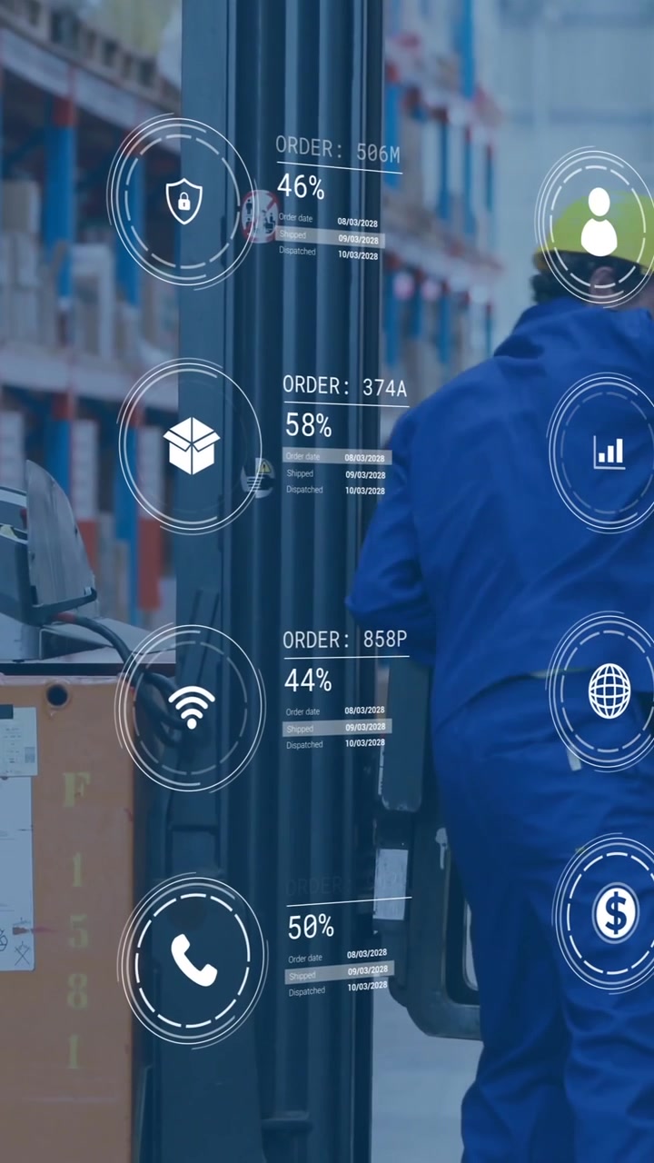 Warehouse worker handling boxes with logistics data processing animation over scene