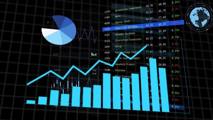 Banner som viser "ANALYSERER DATA", finans-HUD oppdaterer liste, voksende søyler sporer linje som viser trender.