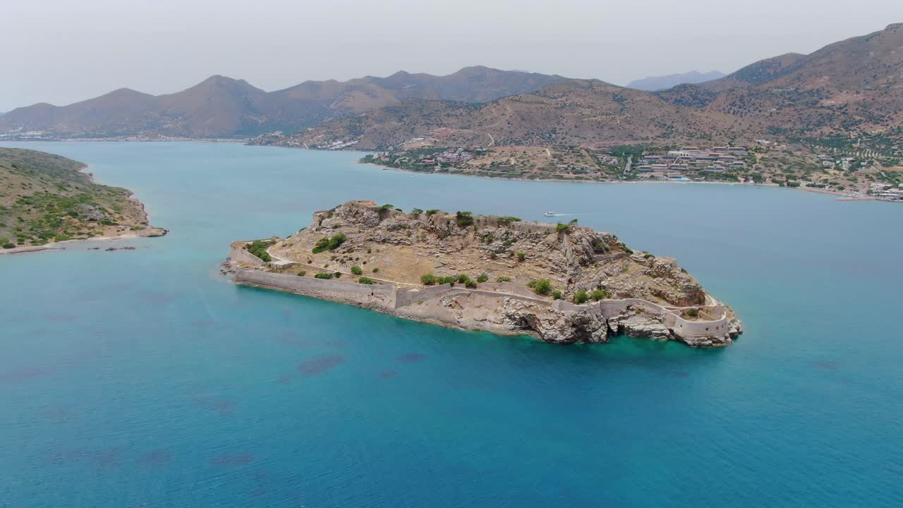 Aerial view of Spinalonga Island, Crete, Greece. In the past a leper colony