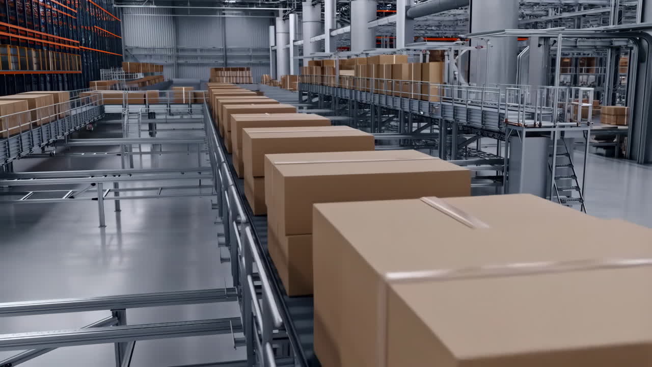 Automated Warehouse with Boxes on Conveyor Belts