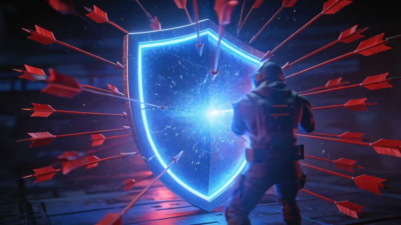 Vertical video: Firing soldier in armor aiding shield with gun in bay as arrows hitting, copy space