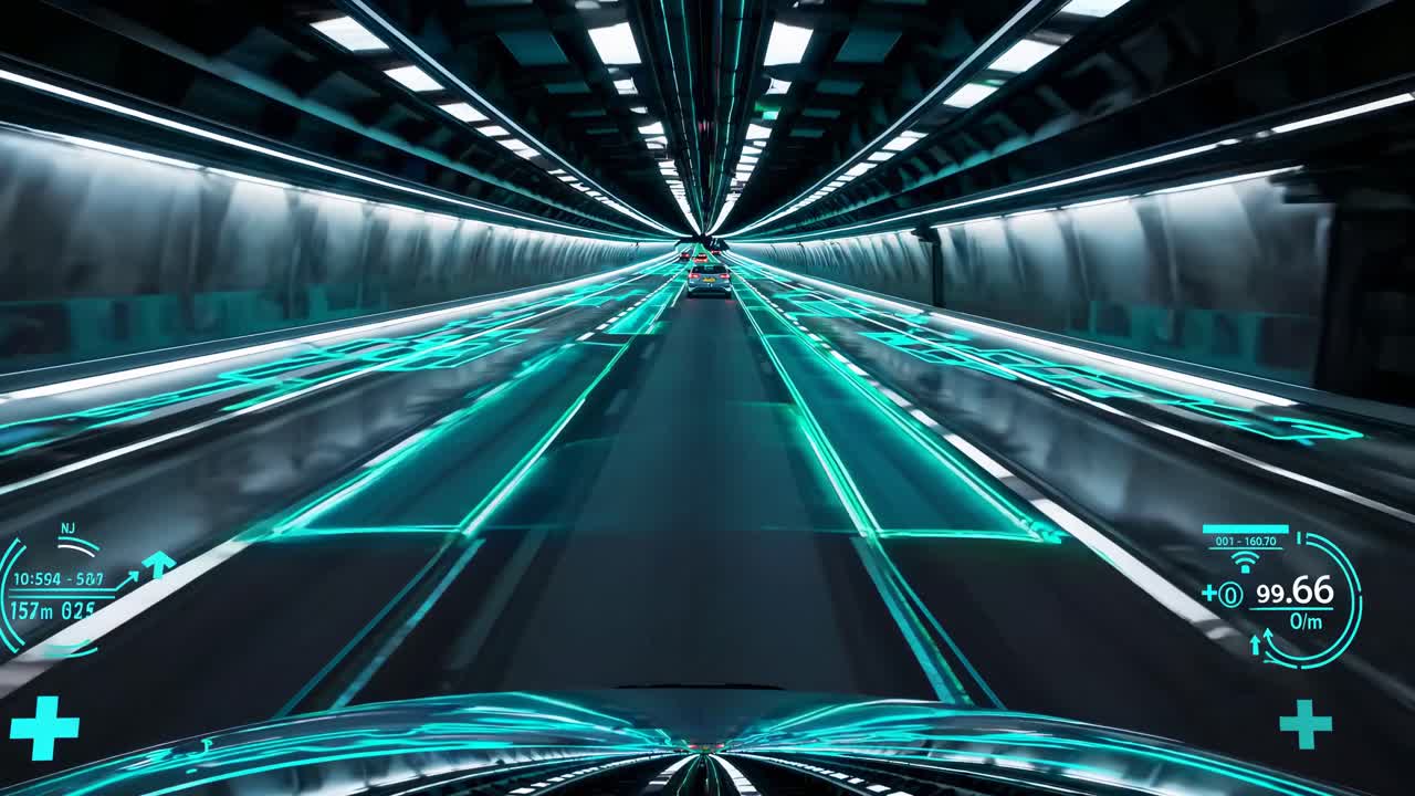 Futuristic video concept of a neon-lit tunnel from a first-person perspective