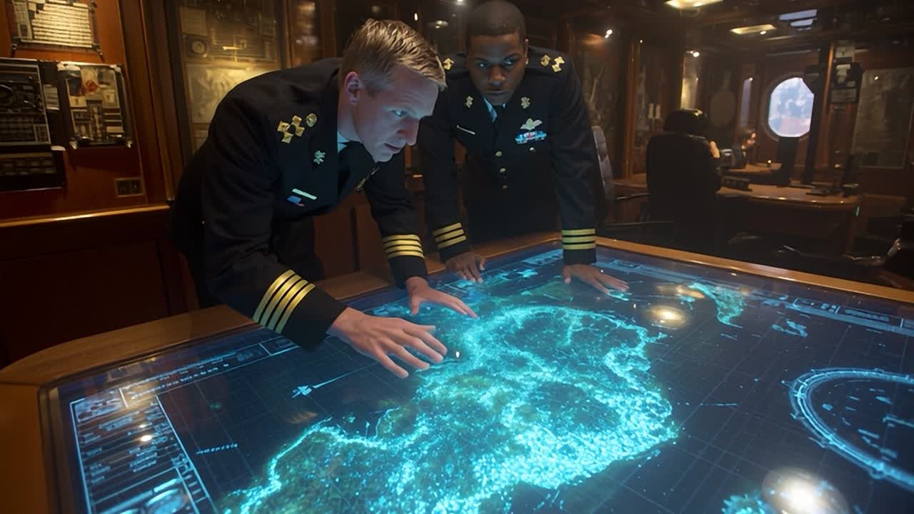 Navy officers strategizing over a digital map in the command center