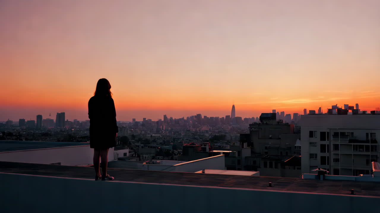 Woman on Rooftop at Sunset Over City
