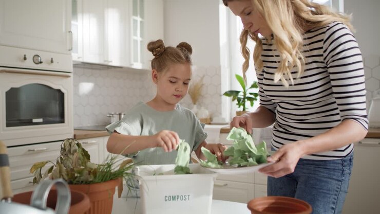 Video di madre e figlia che fanno il compost a casa