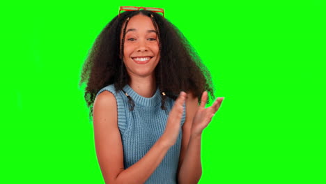 Face,-applause-and-woman-in-green-screen-studio