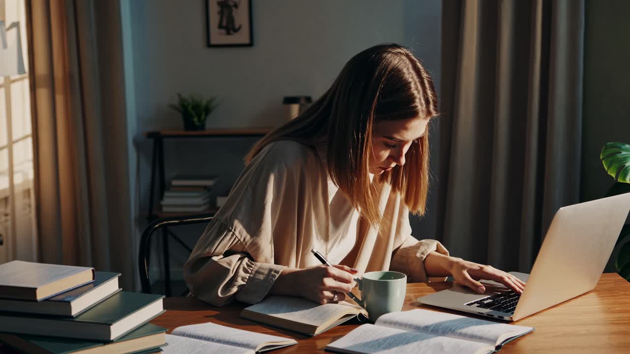 A woman studies at a desk with books and a laptop. The side angle captures her focus