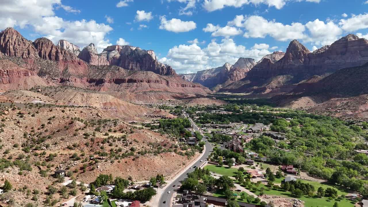 Aerial view of Springdale, Utah. Small Mountain Town in Southwest Utah During the fall