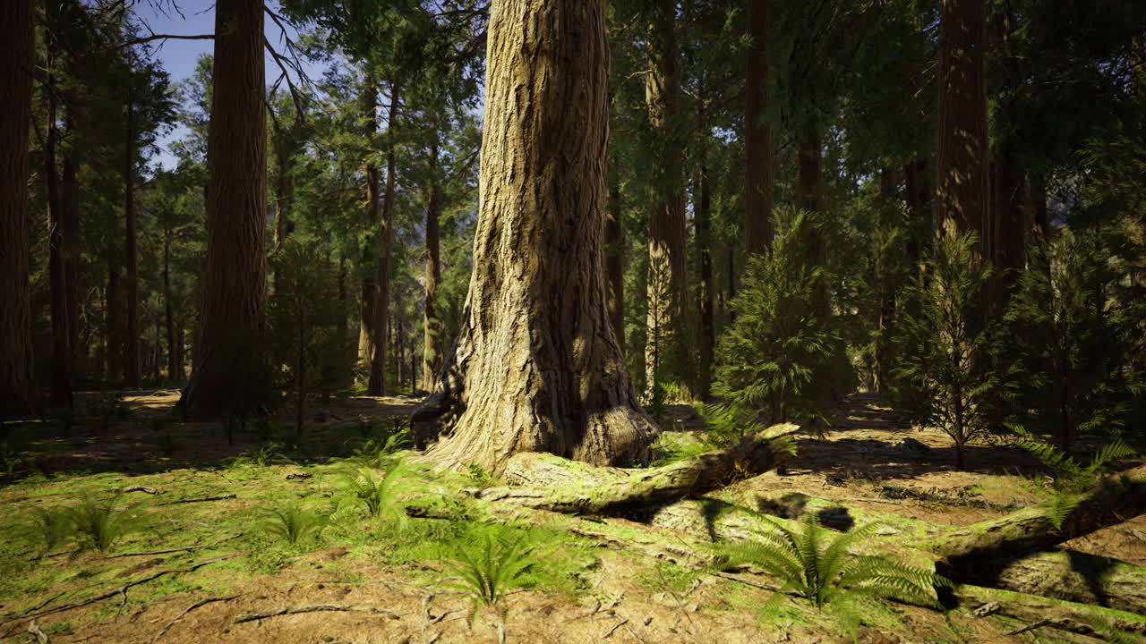 Vibrant forest with tall trees and bright undergrowth in sunlight
