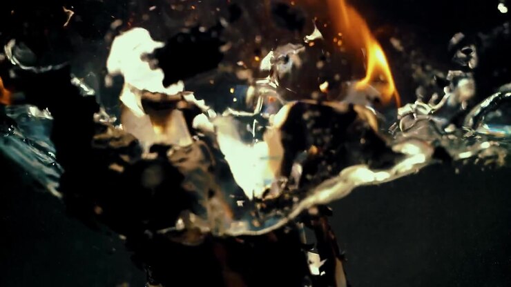 Paper burns and falls in water, extinguishing the flames and splashing.