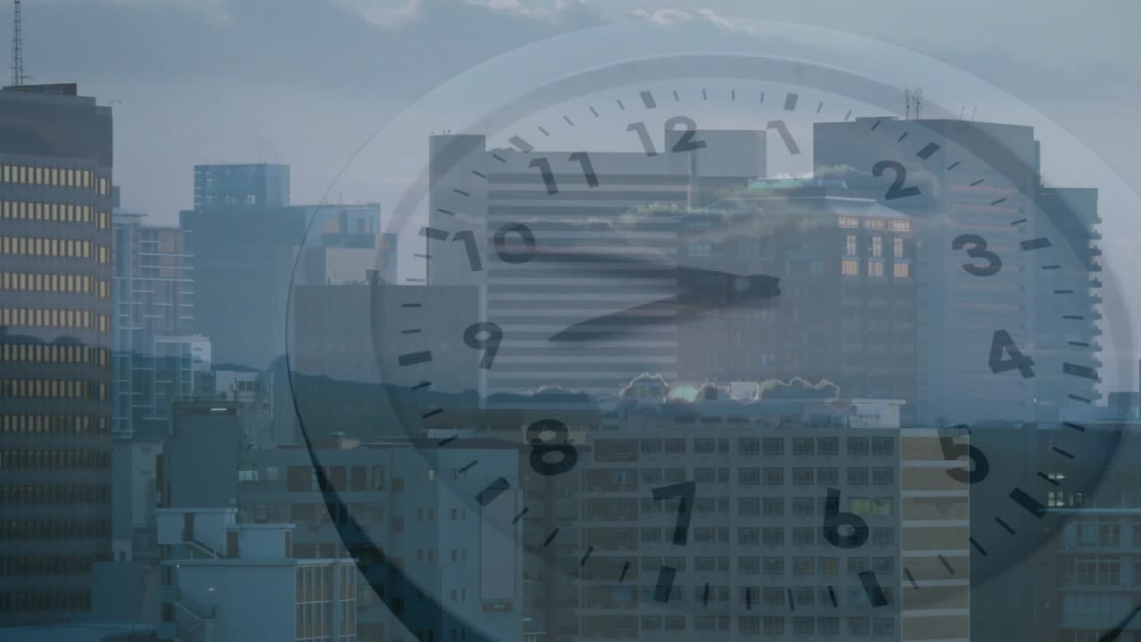 Sun rising near horizon starting animation, city skyline and clock overlay showing time passing