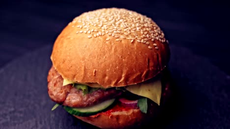 fresh appetizing hamburger rotating on black background.