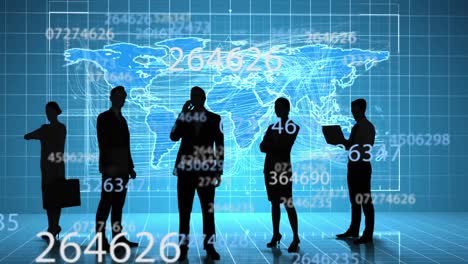 Animation-of-silhouettes-of-businesspeople-and-numbers-over-world-map-on-blue-background