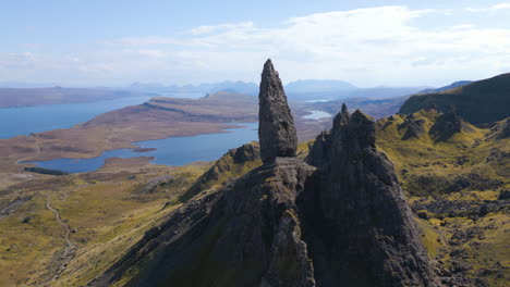 old man of storr landmark fly by, isle of skye, rugged rocky outpost